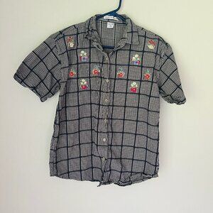 Vintage Black & White Check Button-Down Shirt with Floral Embroidery